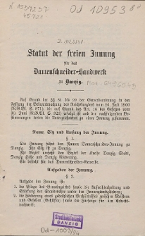 Statut der freien Innung f&uuml;r das Damenschneider-Handwerk zu Danzig
