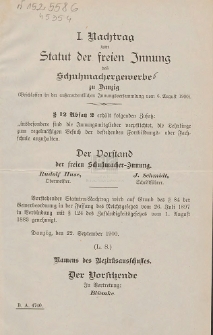 Nachtrag zum Statut der freien Innung des Schuhmachergewerbe zu Danzig : (Beschlossen in der außerordentlichen Innungsversammlung vom 6. August 1900). 1