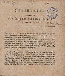 Intimation abzulesen am 21 sten Sonntage nach Trinitatis den 18 ten October 1807 : [betreffend eine allgemeine Einsammlung zum Besten des Kinder- und Waisenhauses]