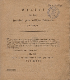 Statut f&uuml;r das Hospital zum heiligen Leichnam zu Danzig