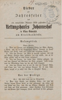 Lieder zur Jahresfeier des zum evangelischen Johannes-Stifte geh&ouml;renden Rettungshauses Johanneshof in Ohra-Niederfeld am Erntedankfeste