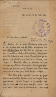 Bemerkungen der Orts-Sanitäts-Comission zu Nachweisung über die Zahl der in Danzig täglich an der orientalischen Cholera Erkrankenden : Danzig, den 3. Juli 1831
