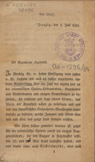 Bemerkungen der Orts-Sanitäts-Comission zu Nachweisung über die Zahl der in Danzig täglich an der orientalischen Cholera Erkrankenden : Danzig, den 3. Juli 1831