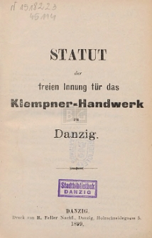 Statut der freien Innung für das Klempner-Handwerk zu Danzig