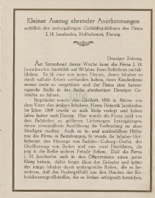 Kleiner Auszug ehrender Anerkennungen anl&auml;&szlig;lich des sechzigj&auml;hrigen Gesch&auml;ftsjubil&auml;ums der Firma J. H. Jacobsohn, Hoflieferant, Danzig