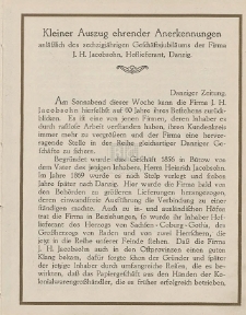 Kleiner Auszug ehrender Anerkennungen anläßlich des sechzigjährigen Geschäftsjubiläums der Firma J. H. Jacobsohn, Hoflieferant, Danzig