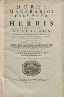 Horti Malabarici pars nona, de herbis et diversis illarum speciebus Latinis, Malabaricis, Arabicis, Brachmannum characteribus nominibusque expressis [...]. Ps. 9 [-10]