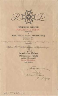 Dyplom potwierdzający nadanie Aleksandrowi Majkowskiemu Orderu Krzyża Oficerskiego