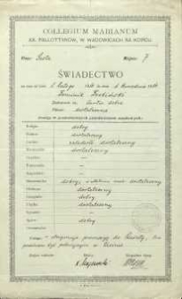 Świadectwo szkolne Drobińskiego Dominika z Collegium Marianum Księży Palotyn&oacute;w w Wadowicach na Kopcu