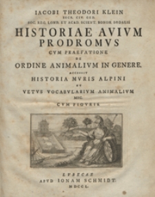 Historiae avivm prodromvs cvm praefatione de ordine animalivm in genere