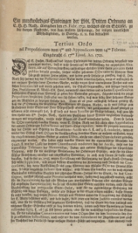 Ein merckwürdiges Einbringen der Löbl. Dritten Ordnung an E. H. H. Rath, übergeben den 17. Febr. 1721. welches als ein Schlüssel, zu der kurtzen Nachricht, von dem wahren Ursprunge, der ietzigen innerlichen Misshelligkeiten, in Dantzig, etc. etc. kan betrachtet werden