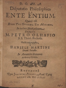 Disputatio Philosophica De Ente Entium, Quod est Deus Ter Optimus, Ter Maximus