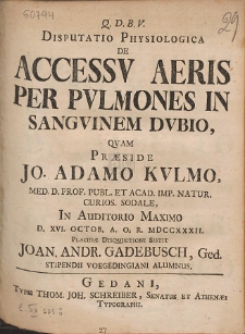 Disputatio Physiologica De Accessv Aeris Per Pvlmones In Sangvinem Dvbio
