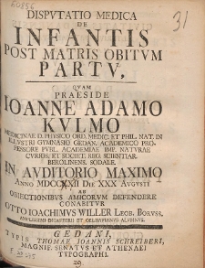 Dispvtatio Medica De Infantis Post Matris Obitvm Partu