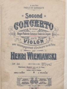 Concerto d-moll : op.22 : [parte 2] : Romance B-dur : pour le violon avec accompagnement de piano / par Henri Wieniawski ; ed. rev. et doigtée par Emile Sauret et A. Wilhelmi
