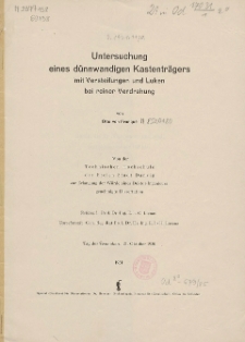 Untersuchung eines dünnwandigen Kastenträgers mit Versteifungen und Luken bei reiner Verdrehug