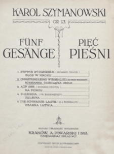 5 Pieśni [do sł&oacute;w poet&oacute;w niemieckich] : op.13 no 2 : "Kołysanka Dzieciątka Jezus" = "Christkindleins Wiegenlied" : [na głos wysoki i fortepian] / sł. z "Des Knaben Wunderhorn" ; przekł. pol. Stanisława Barącza