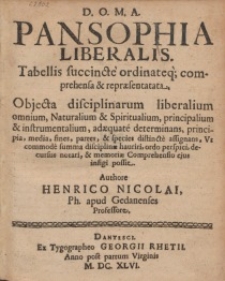 Pansophia Liberalis : Tabellis succincte ordinateq[ue] comprehensa & repræsentatata [...]