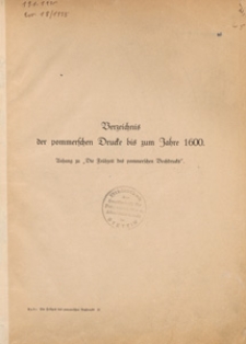 Verzeichnis der pommerschen Drucke bis zum Jahre 1600