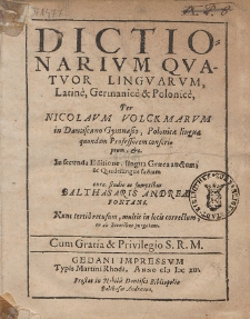 Dictionarivm Qvatvor Lingvarvm, Latinè, Germanicè & Polonicè