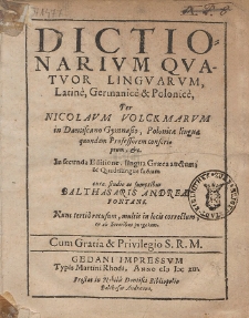Dictionarivm Qvatvor Lingvarvm, Latin&egrave;, Germanic&egrave; & Polonic&egrave;