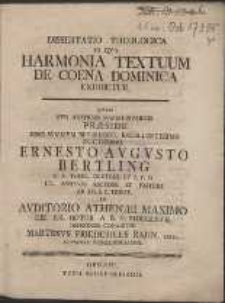 Dissertatio Theologica In Qva Harmonia Textuum De Coena Dominica Exhibetur, Qvam Svb Avspiciis Svmmi Nvminis Pr&aelig;side [...] Ernesto Avgvsto Bertling [...] In Avditorio Athen&aelig;i Maximo [...] MDCCLXVII. Defendere Conabitvr Martinvs Fredericus Rahn, Pom. Alvmnvs Voegedinianvs