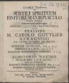 Examen G[i]potheseō De Subtili Spirituum Finitorum Corpusculo. Pars Prior. Dissertatio Pneumatologica, Quam Praeside M.