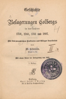 Geschichte der Belagerungen Colbergs in den Jahren 1758, 1760, 1761 und 1807