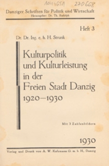 Kulturpolitik und Kulturleistung in der Freien Stadt Danzig 1920-1930