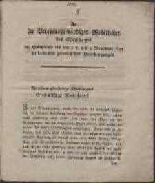 An die Verehrungsw&uuml;rdigen Wohlth&auml;ter des Spendhauses bey Gelegenheit des den 7. 8. und 9. November 1797 zu haltenden gew&ouml;hnlichen Herbstumganges.