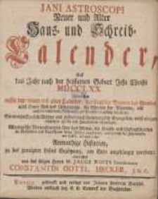 Jani Astroscopi Neuer und Alter Haus- und Schreib-Calender, Auf das Jahr nach der heilsamen Geburt Jesu Christi [...] 1770