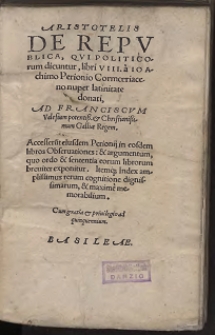 Aristotelis De Repvblica, Qvi Politicorum dicuntur, libri VIII
