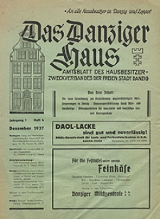 Das Danziger Haus : Amtsblatt des Hausbesitzer-Zweckverbandes der Freien Stadt Danzig, Dez. 1937, H. 4