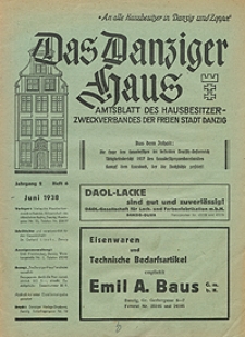 Das Danziger Haus : Amtsblatt des Hausbesitzer-Zweckverbandes der Freien Stadt Danzig, Jun. 1938, H. 6