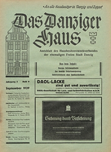 Das Danziger Haus : Amtsblatt des Hausbesitzer-Zweckverbandes der Freien Stadt Danzig, Sept. 1939, H. 9