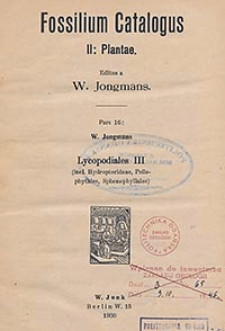 Fossilium Catalogus. II, Plantae. Pars 16: W. Jongmans, Lycopodiales III (incl. Hydropterideae, Psilophytales, Sphenophyllales)