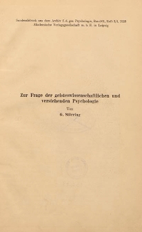 Zur Frage der geisteswissenschaftlichen und verstehenden Psychologie