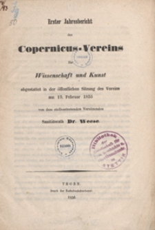 Jahresbericht des Coppernicus-Vereins für Wissenschaft und Kunst : abgestattet in der öffentlichen Sitzung des Vereins am 19. Februar 1855