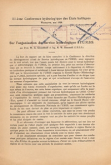 Sur l'organisation du Service hydrologique à l'U.R.S.S : III-è Conference des États baltiques, Warszawa, mai 1930