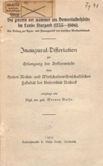 Die Politik der Kammer als Domanialbehörde im Lande Stargard (1755-1806) : ein Beitrag zur Agrar- und Finanzpolitik des deutschen Merkantilismus : Inaugural-Dissertation