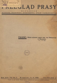 Przegląd Prasy : biuletyn tygodniowy Wydziału Prasowego Ministerstwa Spraw Zagranicznych, 1938 tom 12 zesz. 4