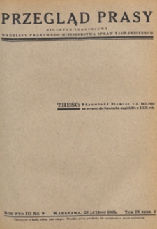 Przegląd Prasy : biuletyn tygodniowy Wydziału Prasowego Ministerstwa Spraw Zagranicznych. 1935 tom 4 zesz. 9