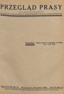 Przegląd Prasy : biuletyn tygodniowy Wydziału Prasowego Ministerstwa Spraw Zagranicznych. 1935 tom 4 zesz. 14