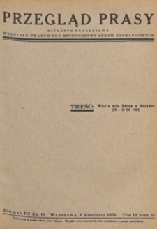 Przegląd Prasy : biuletyn tygodniowy Wydziału Prasowego Ministerstwa Spraw Zagranicznych. 1935 tom 4 zesz. 15