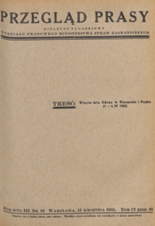 Przegląd Prasy : biuletyn tygodniowy Wydziału Prasowego Ministerstwa Spraw Zagranicznych. 1935 tom 4 zesz. 16