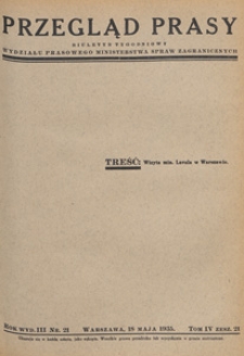 Przegląd Prasy : biuletyn tygodniowy Wydziału Prasowego Ministerstwa Spraw Zagranicznych. 1935 tom 4 zesz. 21