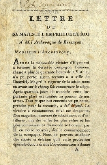 Lettre de sa majest&eacute; l'empereur et roi &agrave; M. l'archev&ecirc;que de Besan&ccedil;on