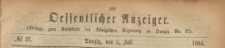 Oeffentlicher Anzeiger : Beilage zum Amts-blatt der K&ouml;niglichen Regierung zu Danzig, 1884.07.05 nr 27