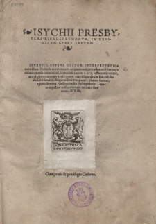 Isychii Presbyteri Hierosolymorvm, In Leviticvm Libri Septem [...]