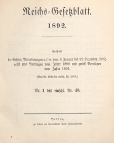 Reichsgesetzblatt : herausgegeben im Reichsministerium des Innern, 1892 nr 1